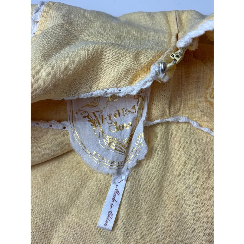 Knitted Dove Anthropologie Yellow Linen Floral Embroidered Lace TrimDress Small